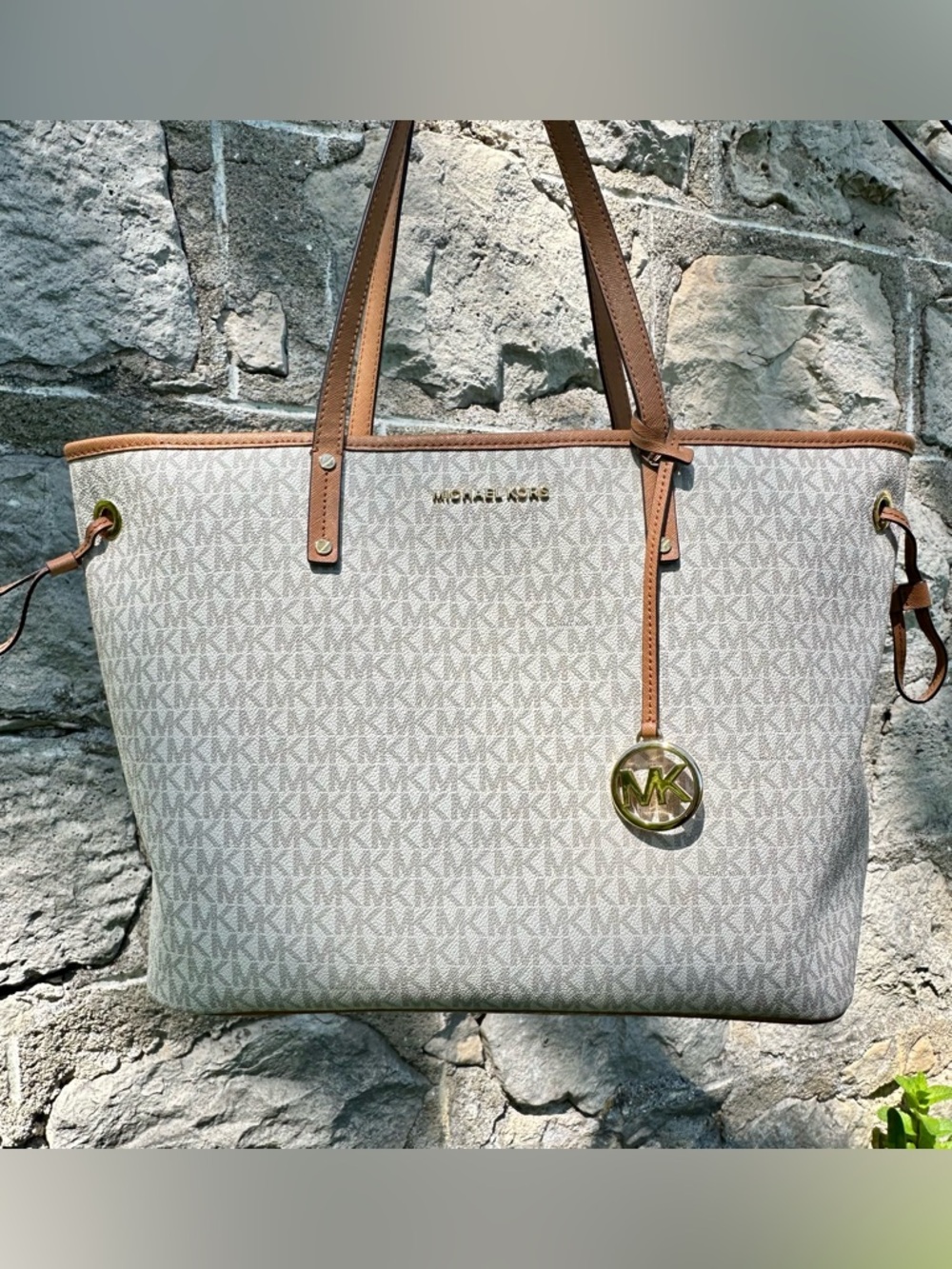 Michael Kors Beige/Acorn Signature Tote with Gold MK Charm
